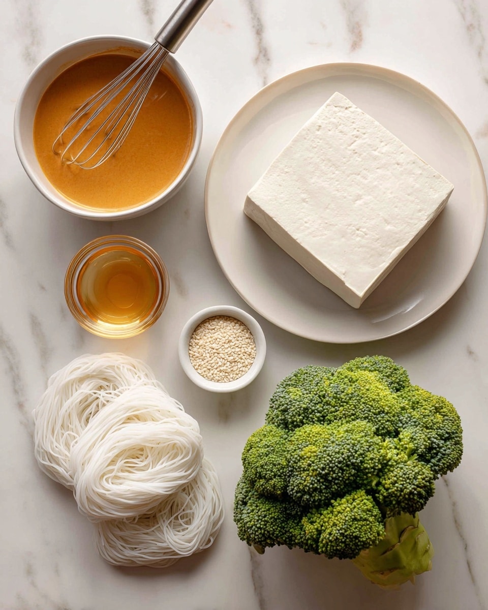 The image shows a flat lay of cooking ingredients on a white marbled surface. On the top left, there is a bowl with smooth orange-brown sauce being stirred by a metal whisk. To the right, a white plate holds a large, thick block of white tofu. Below the tofu, there is a fresh broccoli head with a vibrant green color, including the stalk and florets. On the lower left, there are four circular nests of thin, white rice noodles stacked slightly overlapping each other. Above the noodles, there is a small white bowl filled with white sesame seeds. In the center, there is a transparent small glass cup with a light amber liquid inside. photo taken with an iphone --ar 4:5 --v 7