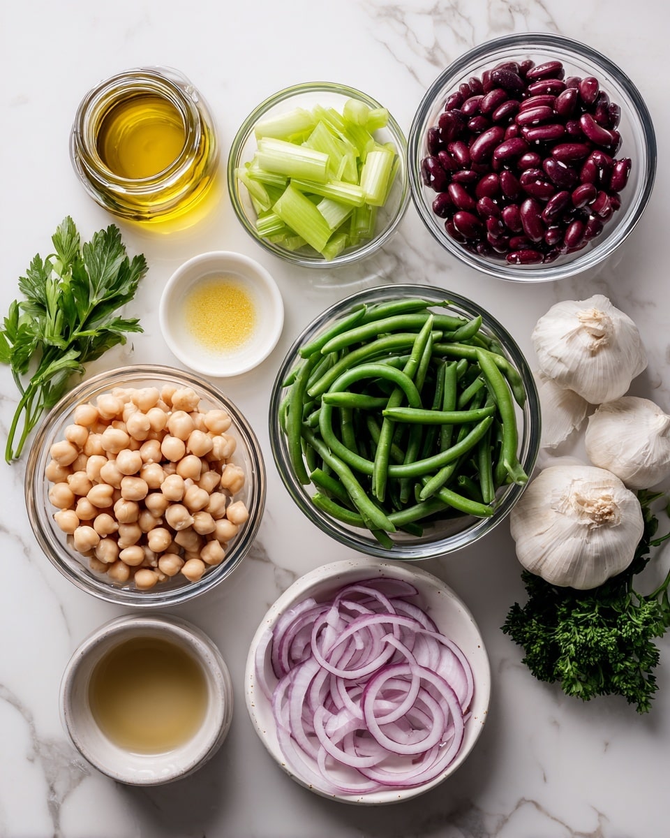 The image shows seven clear and white bowls placed on a white marbled surface. The top right clear bowl contains bright green cut green beans, while below it, a white bowl holds dark red kidney beans. To the left, another white bowl is full of light beige chickpeas. Above this, a smaller clear bowl holds light green sliced celery. To the top left, a small clear jar contains golden yellow oil, and nearby, a small white bowl holds a dollop of light yellow mustard. On the bottom right, there is a clear bowl filled with light brown liquid, while a white plate next to it has thinly sliced light purple onion rings. Around the bowls, there are fresh parsley leaves and a partially visible garlic bulb. photo taken with an iphone --ar 4:5 --v 7