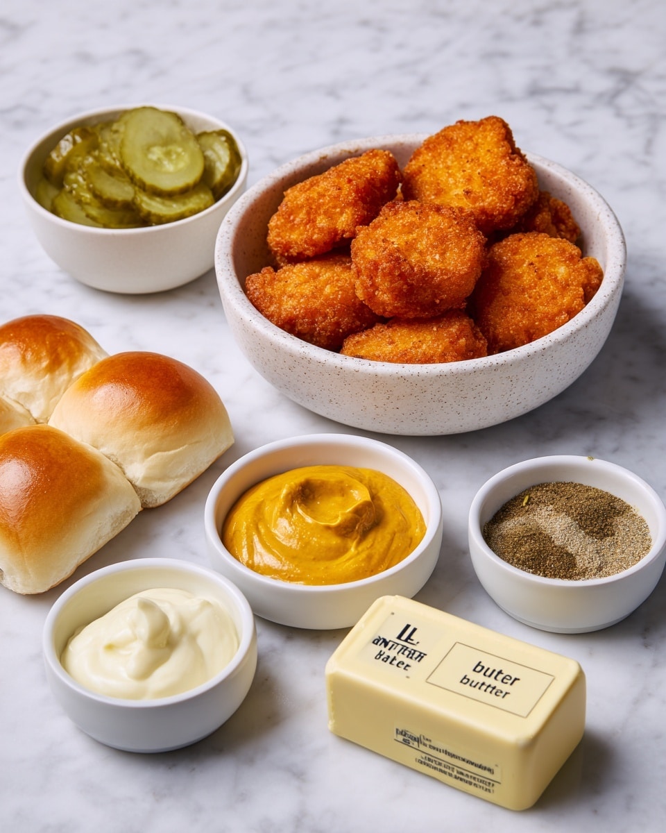The image shows a white speckled bowl filled with seven golden-brown crispy chicken nuggets, placed near the top center of the frame on a white marbled surface. Below it, there are five small white bowls arranged in two rows: the top row has bright green pickle slices in the left bowl and creamy off-white mayonnaise in the right bowl; the bottom row features a golden mustard sauce on the left, a bright orange sauce in the middle, and a bowl with three different powdered spices in the right. To the bottom left are soft, golden-yellow slider buns joined together neatly, and to the bottom right, a stick of light yellow butter labeled “butter salted” rests on the marble. Photo taken with an iphone --ar 4:5 --v 7
