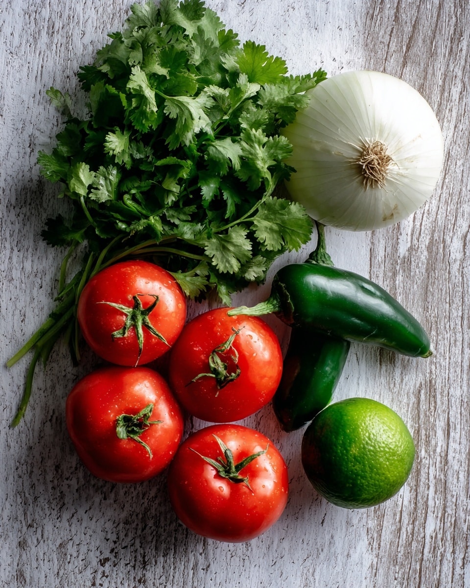 The image shows fresh ingredients arranged on a wooden surface with a white marbled texture. There are five bright red tomatoes on green stems grouped to the left, a bunch of fresh green cilantro leaves placed at the top center, a half white onion with clear layers visible positioned in the middle, a shiny dark green jalapeño pepper just below the cilantro, and a vibrant green lime at the bottom right. The colors are vivid and the textures are smooth and natural, highlighting the freshness of the ingredients. Photo taken with an iphone --ar 4:5 --v 7