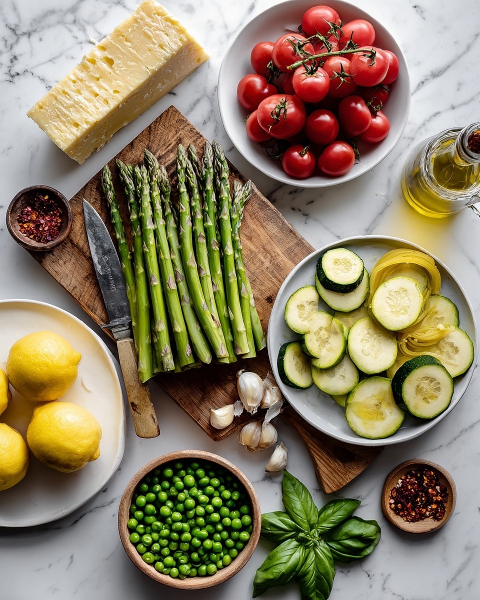 The image shows a wooden cutting board on a white marbled surface holding fresh green asparagus spread across the left side, with a rustic knife lying diagonally on top. To the right on the board, a round white bowl is filled with sliced green zucchini, yellow squash, and several garlic cloves. Below the cutting board, a white bowl contains bright green peas, and two whole yellow lemons sit beside it. Above the board to the left, a white plate holds a large block of light-colored cheese and a small wooden bowl of red chili flakes. Above and to the right, a white cup filled with uncooked penne pasta, a round white bowl full of red grape tomatoes with green stems, a sprig of fresh basil, and a glass bottle of olive oil are neatly arranged. photo taken with an iphone --ar 4:5 --v 7