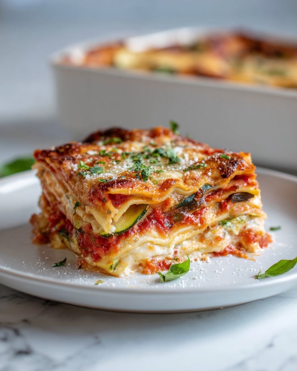 A white plate holds a square piece of lasagna with four visible layers, starting with a golden-brown baked pasta sheet on top covered in red tomato sauce and sprinkled with melted cheese and green basil leaves. Below the top layer is a mix of bright green and dark purple vegetables along with a creamy white cheese layer. The next pasta sheet is light golden and topped with more vegetables, including green zucchini and red peppers, with white cheese spots. The bottom layer is a well-cooked pasta sheet with some sauce and cheese. The lasagna sits on a white marbled surface, with a wooden bowl of grated cheese and a white baking dish with more lasagna blurred in the background. Two stacked white plates and a fork sit next to the lasagna. photo taken with an iphone --ar 4:5 --v 7