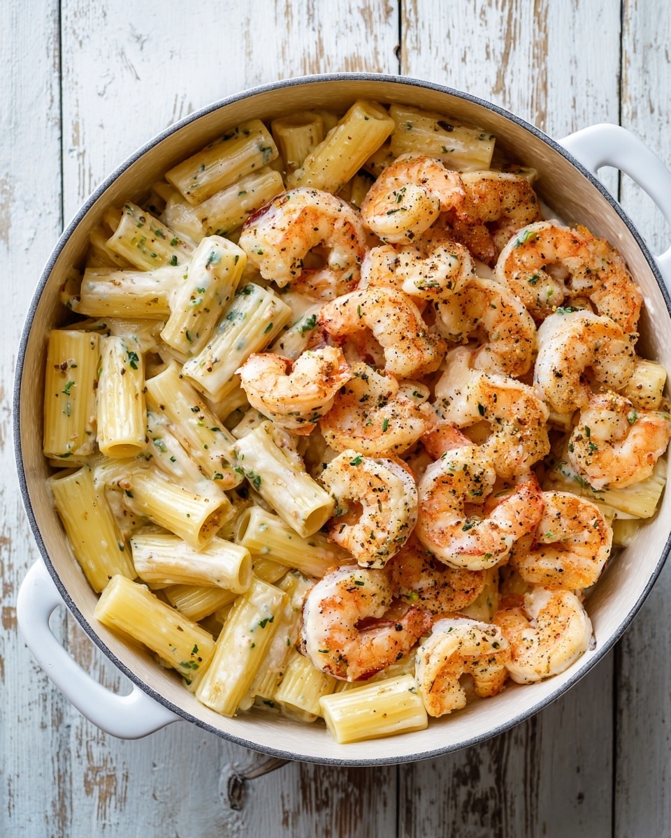 A white pan filled with a creamy light orange sauce with large rigatoni pasta in pale yellow, mixed with many medium-sized cooked prawns in orange and pink with charred spots, scattered with small bits of green herbs and tiny pieces of red tomato, all covered with cracked black pepper flakes; the pan handle is visible on the right, set on a white marbled textured surface photo taken with an iphone --ar 4:5 --v 7
