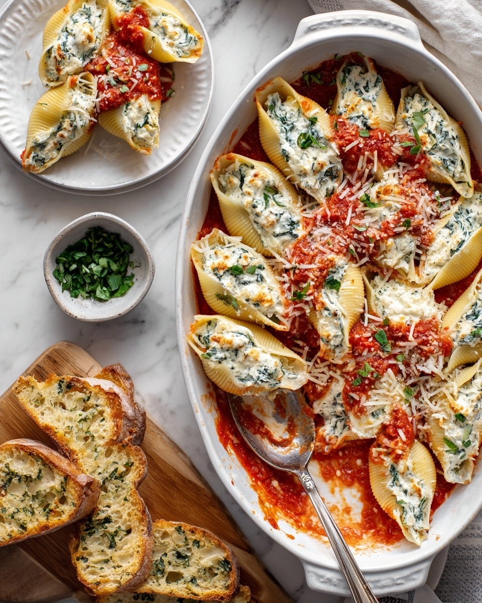 In a white baking dish, there are two layers of large pasta shells filled with white creamy cheese and green spinach, topped with bright red tomato sauce spread unevenly over the shells, shredded white cheese, and small pieces of fresh green basil scattered on top. A silver spoon rests inside the baking dish, partially under some shells. Nearby, a white plate holds a few stuffed pasta shells with the same toppings, and a few pieces of toasted garlic bread with a golden crust sprinkled with herbs sit on a wooden board. A small bowl of chopped fresh green basil is placed next to the baking dish, all set on a white marbled surface with soft natural light. photo taken with an iphone --ar 4:5 --v 7