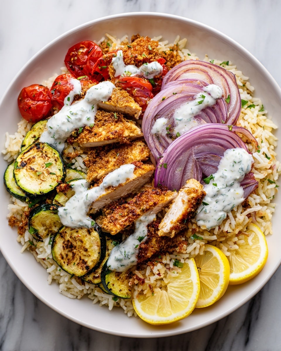 A white plate filled with a layered dish starting with a base of cooked rice mixed with herbs and spices, scattered with roasted cherry tomatoes and chunks of grilled zucchini. On top, there are pieces of seasoned, cooked chicken with a golden-brown crust. Thin slices of red onion are layered across the dish, adding a pop of purple. Dollops of creamy white sauce with green herb sprinkles sit on the rice and chicken. At the front edge of the plate, there are two lemon wedges in bright yellow. The plate is placed on a white marbled surface. photo taken with an iphone --ar 4:5 --v 7