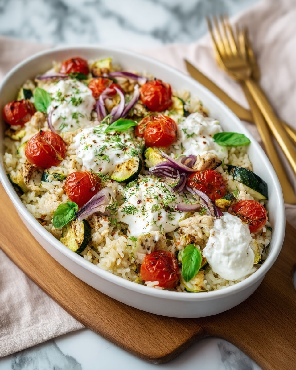 An oval white dish filled with a layered rice and chicken bake, where the bottom layer is cooked rice mixed with spices and pieces of grilled chicken scattered through. On top, there are roasted grape tomatoes and chunks of zucchini with a slightly browned, roasted look. Dollops of white creamy sauce are placed evenly around the dish, each sprinkled with small green herbs. Thin slices of purple onion are arranged in small groups over the top, adding contrast and texture. The dish is placed on a wooden board, and the background is a white marbled surface. Photo taken with an iphone --ar 4:5 --v 7