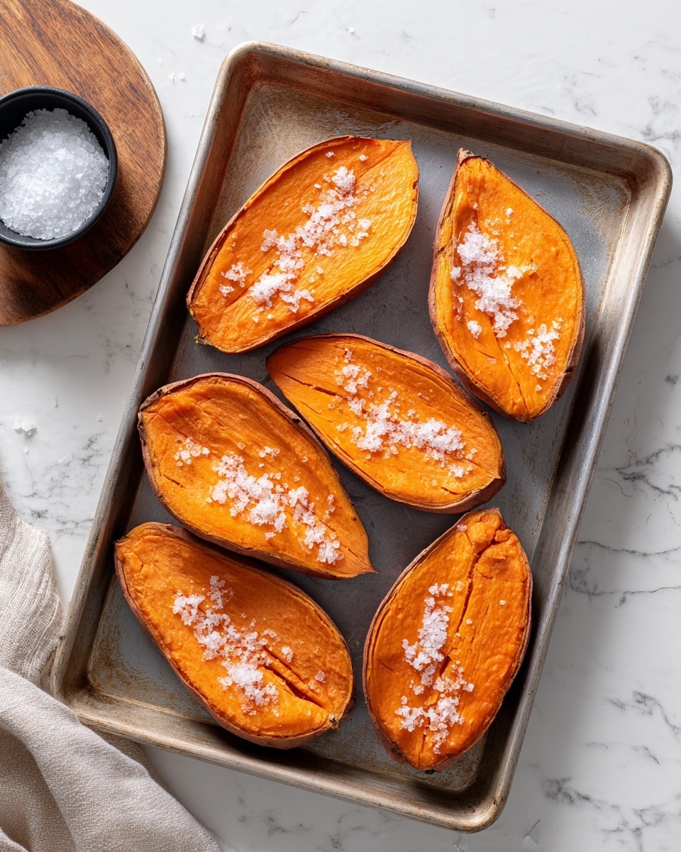 The image shows six orange sweet potato halves arranged on a metal baking tray. Each sweet potato half has the skin on the edges and is sprinkled with coarse white salt crystals evenly across the surface. The sweet potatoes have a smooth, slightly shiny texture with visible natural lines. The tray is placed on a white marbled surface with soft natural light coming from the top left corner, creating gentle shadows. There is a small round black bowl with coarse salt in the top left corner, and part of a wooden board is also visible beside it. photo taken with an iphone --ar 4:5 --v 7