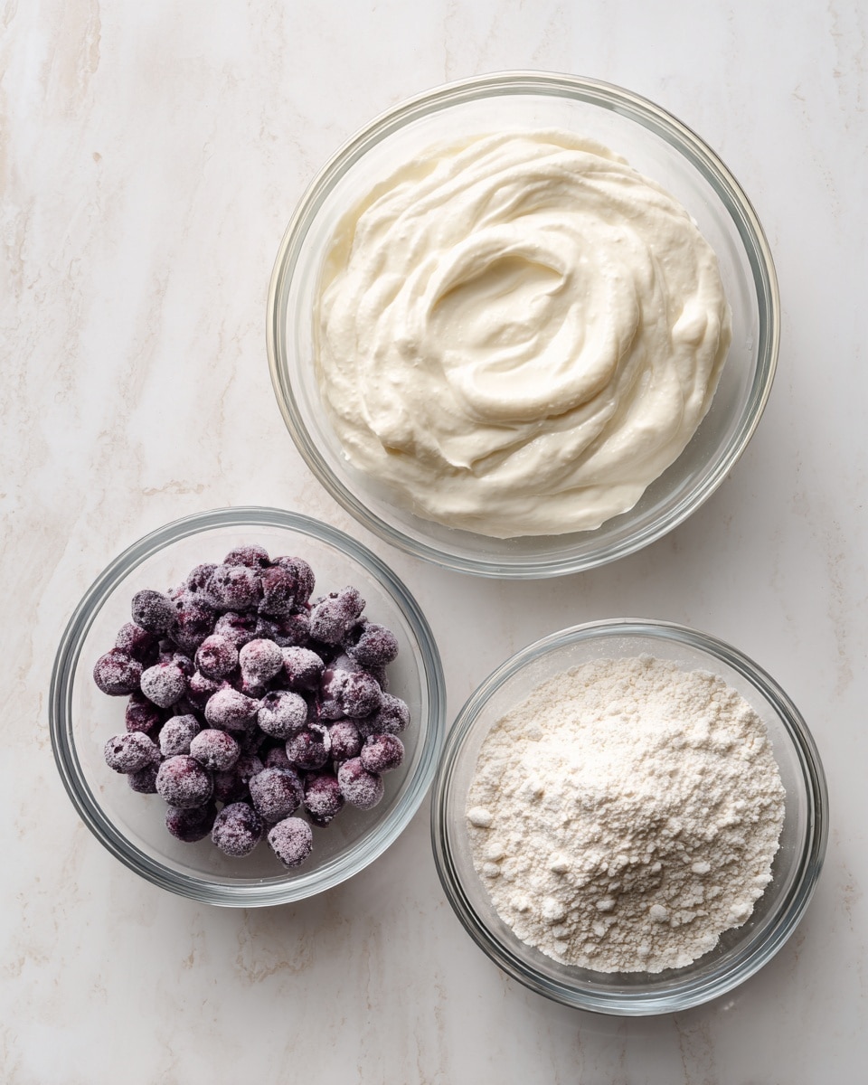 The image shows three clear glass bowls placed on a white marbled surface. The top bowl contains thick, creamy, white Greek yogurt with a smooth texture and soft peaks on the surface. The bottom left bowl holds small, deep purple frozen blueberries that have a slightly frosty look with visible ice crystals. The bottom right bowl is filled with fine, white self-rising flour, with a slightly uneven surface and a light powdery texture. Each bowl is labeled with black text on white blocks describing the contents. photo taken with an iphone --ar 4:5 --v 7