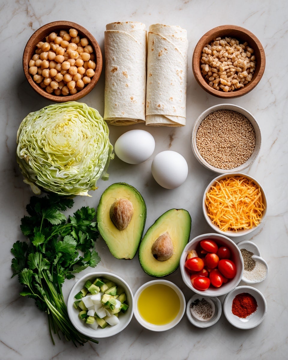 The image shows a neatly arranged collection of ingredients on a white marbled surface. There are three rolled white tortillas positioned vertically near the center top. To the left of the tortillas is a half head of green cabbage, with a brown bowl of beige chickpeas below it. Below the chickpeas, two halves of a fresh avocado are placed, alongside a bunch of green cilantro. Next to the cilantro, two white eggs are side by side. To the right of the eggs, there is a small wooden bowl filled with tiny, light brown seeds. Above the seeds is a white bowl with grated orange cheese. To the right of the tortillas, a halved avocado with bright green flesh is placed vertically with the seed removed. Nearby, several small bowls are arranged: one with clear yellow olive oil, one with roasted chickpeas, one filled with chopped green bell pepper, one with chopped white onion, one with chunks of avocado, one with small red cherry tomatoes, and one with a mix of spices in red and white powders. The ingredients are all visually distinct, colorful, and presented cleanly. Photo taken with an iphone --ar 4:5 --v 7