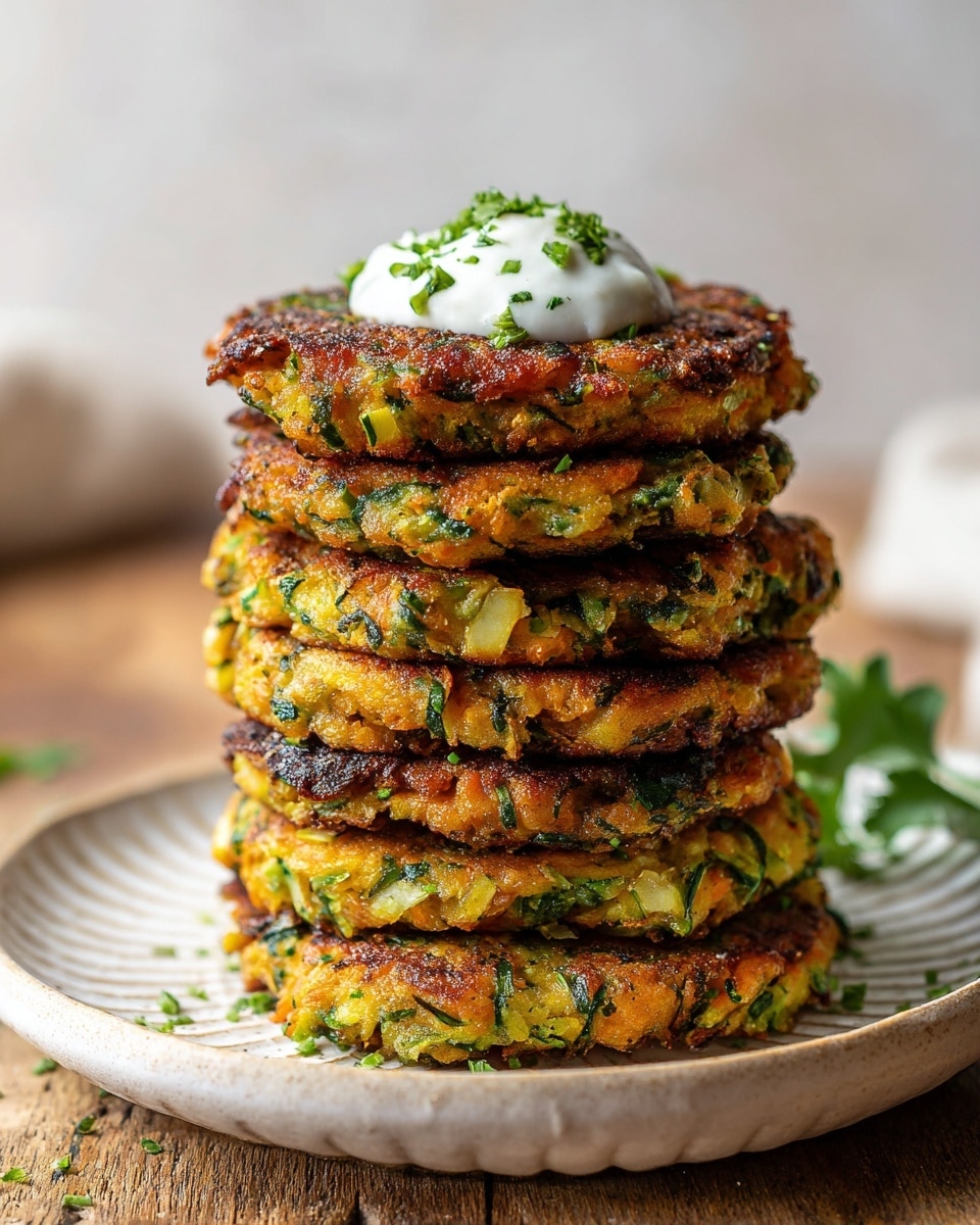 A close-up of a stack of seven thick, golden-brown fritters with visible green herbs and vegetables inside, showing a crispy texture on the outside and soft, moist texture inside. The top fritter has a small dollop of white sauce garnished with finely chopped green herbs. The stack is placed on a white plate with subtle ridges, and the scene is set on a wooden surface with a white marbled background, creating a warm, fresh feeling. Photo taken with an iphone --ar 4:5 --v 7