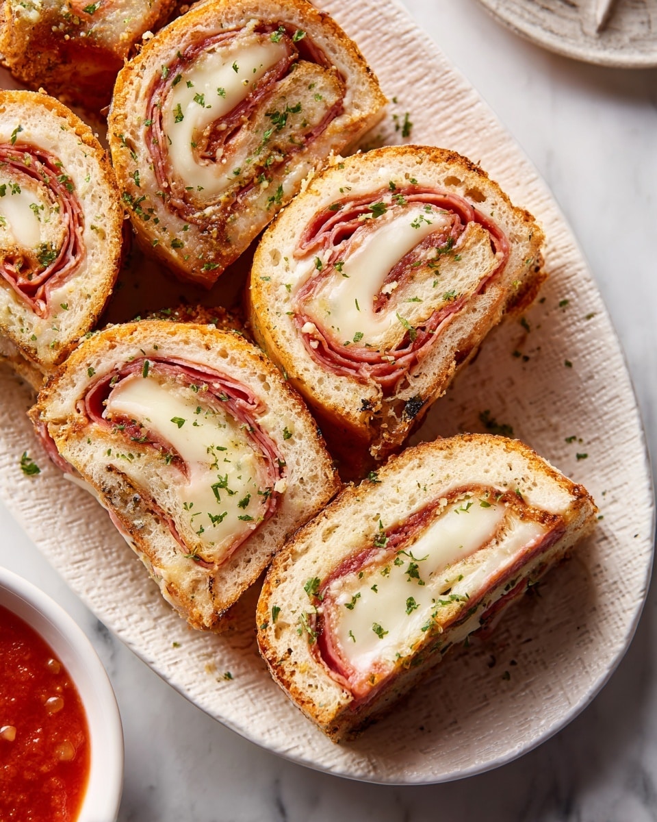 The image shows five slices of a rolled snack arranged side by side on a white plate with a dotted texture. Each slice has multiple layers: a light golden brown outer crust, a layer of thin red meat, and melted creamy white cheese inside. The edges of the snack are slightly crispy, and small green herb sprinkles are scattered on top. To the left of the slices, there is a small white bowl filled with red marinara sauce seasoned with herbs. In the upper right corner, more pieces of the snack are visible on a wooden board, placed on a white marbled surface. Photo taken with an iphone --ar 4:5 --v 7