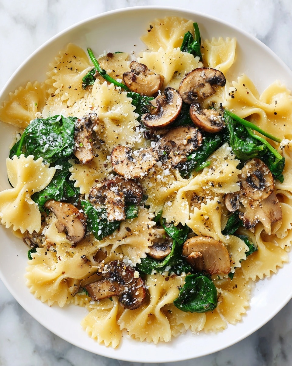 A white plate holds a serving of farfalle pasta as the base layer, showing its light golden color and bow-tie shape. On top of the pasta, there are dark green spinach leaves scattered, adding a fresh contrast. The top layer features browned mushroom slices, their edges darkened from cooking and some pieces slightly glossy. The whole dish is lightened with a sprinkle of grated cheese and black pepper, giving texture and small white and black specks across the food. The plate sits on a white marbled surface with soft natural light casting gentle shadows. Photo taken with an iphone --ar 4:5 --v 7