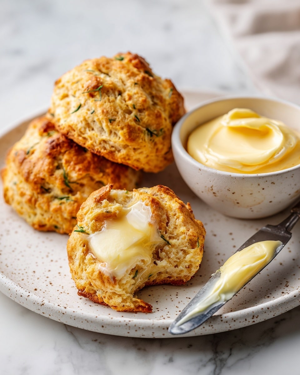 The image shows three golden brown biscuits with a rough, crumbly texture and bits of green herbs mixed inside. One biscuit is broken in half, revealing a soft inside with a melted layer of butter that looks creamy white. The biscuits are on a large white plate with a speckled pattern. Next to the biscuits, there is a small bowl filled with smooth, pale yellow butter, and a knife with butter spread on its blade lies on the plate nearby. The setting is on a surface with a white marbled texture. photo taken with an iphone --ar 4:5 --v 7