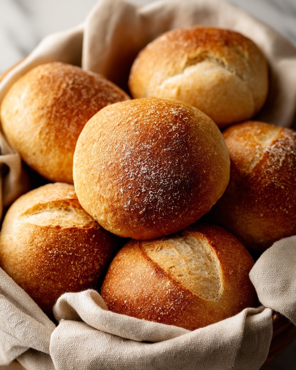 A close-up view of seven golden-brown square bread rolls with lightly flour-dusted tops, showing a soft and slightly crispy texture. They are piled together inside a basket lined with a beige, textured cloth that gently wraps around the rolls. The background has a white marbled texture visible around the basket edges. photo taken with an iphone --ar 4:5 --v 7