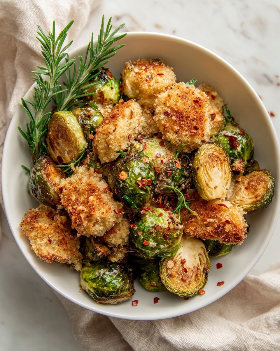 The dish is served on a white plate with a light beige rim, placed on a white marbled surface. It has about three main layers: the base layer consists of roasted Brussels sprouts, sliced in halves, showing a green outer color with a light golden-brown roasted texture on the flat sides. The middle layer includes pieces of crispy, golden brown fried food scattered among the sprouts. The top layer is garnished with small sprigs of fresh green rosemary and tiny red chili flakes sprinkled over the entire dish. The lighting highlights the shine on the roasted sprouts and the golden crispiness of the fried pieces, giving it a warm and inviting look. Photo taken with an iphone --ar 4:5 --v 7