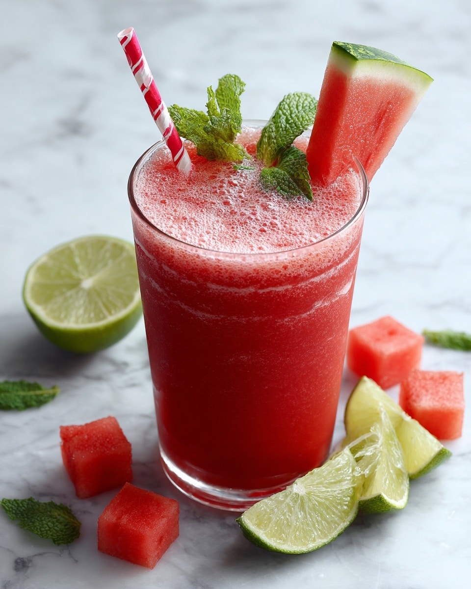 A clear glass filled with a frothy pinkish-red watermelon juice is placed on a white marbled surface. The drink has a bubbly top layer and a red and white striped paper straw inside. On the rim of the glass, there is a thick triangular piece of watermelon with a green rind and red flesh, a wedge of lime with bright green skin and pale green flesh, and bright green fresh mint leaves as decoration. Nearby on the white marbled surface, there are slices of watermelon and lime visible. Photo taken with an iphone --ar 4:5 --v 7