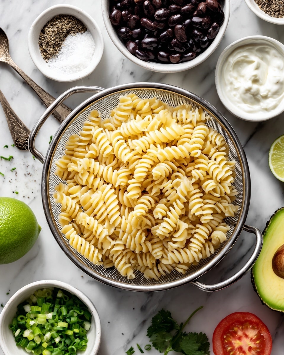 A metal colander filled with light yellow cooked spiral pasta sits in the middle of the image on a white marbled surface. Around the colander are small white bowls with different ingredients: black beans in the top left, coarse salt in the top middle, a spoonful of white creamy yogurt on the bottom left, chopped green onions in the bottom center, and black pepper in the bottom right. There is also half an avocado with the seed in place, a halved lime, and a sliced tomato near the top right. Some small green herbs are scattered near the bowls. photo taken with an iphone --ar 4:5 --v 7