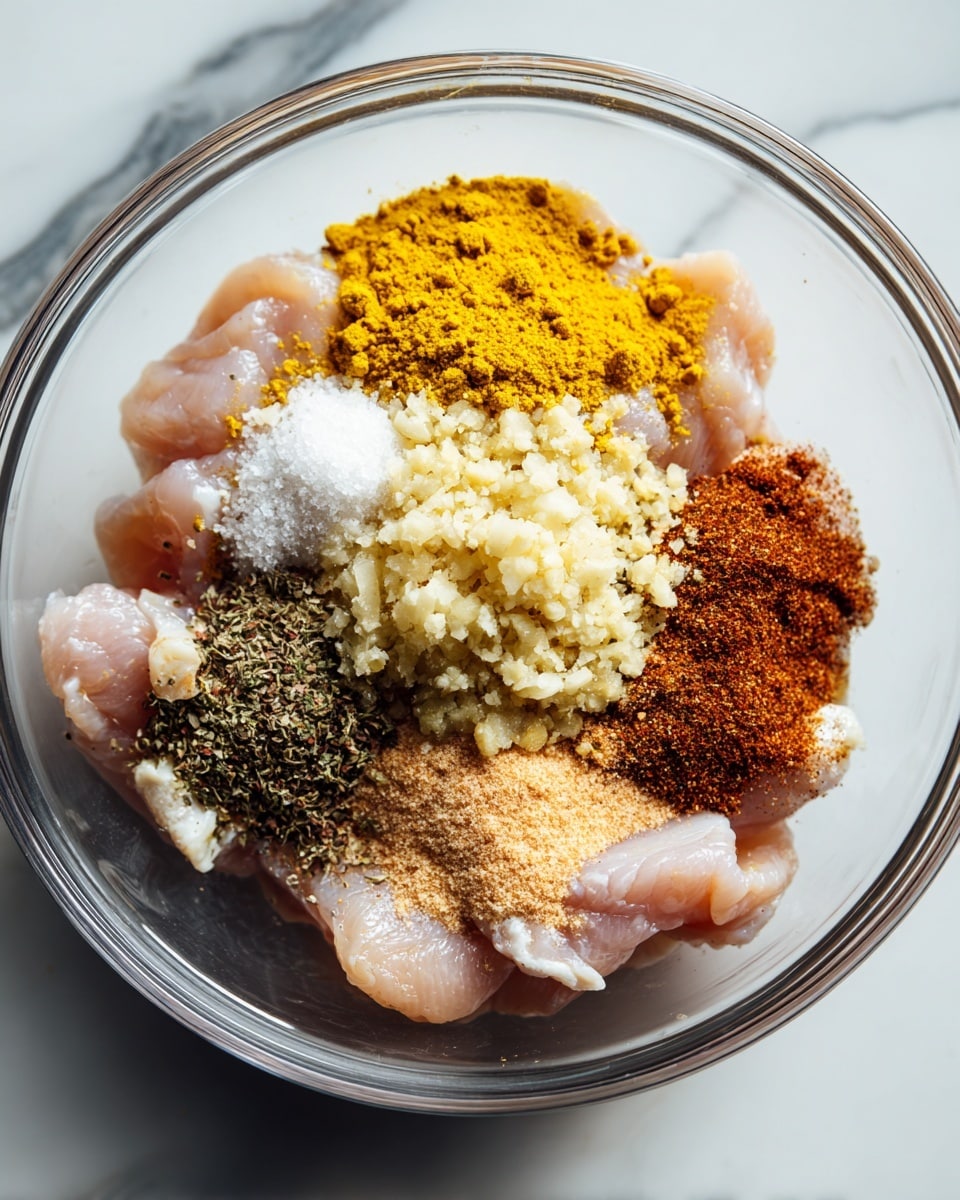 A clear glass bowl sitting on a white marbled surface holds raw chicken strips at the bottom. On top of the chicken, there are several layers of spices and ingredients: a heap of finely chopped or minced garlic is in the center, surrounded by bright yellow turmeric powder, a sprinkling of white salt, dark brown and reddish-brown powdered spices, and a small amount of a pale orange spice. The chicken strips have a pale pink color and look fresh, while the spices create a colorful contrast on top. The scene is lit naturally, showing texture in the chicken and the powders, photo taken with an iphone --ar 4:5 --v 7