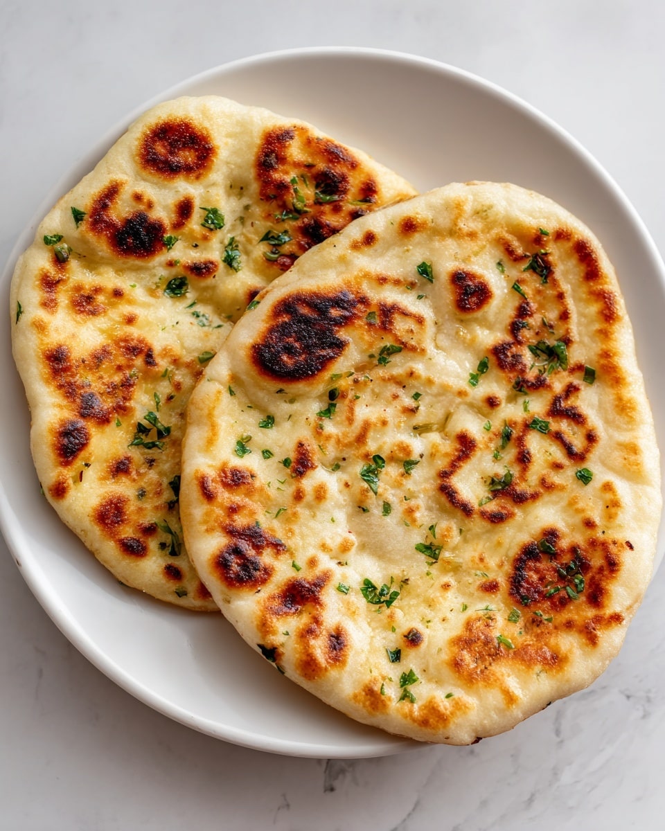 A stack of five thick, round flatbreads is shown close up, each layer having a golden-brown color with uneven, slightly burnt spots giving a crispy texture. The flatbreads look soft and fluffy with a slightly rough surface and some small green flecks visible in the top layer, indicating herbs or spices. The stack sits directly on a white marbled surface with a soft cream fabric blurred in the background. photo taken with an iphone --ar 4:5 --v 7