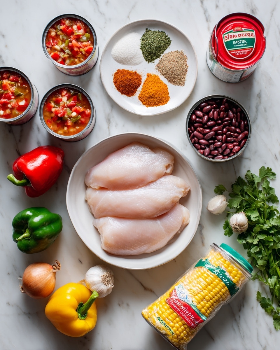 A flat lay of cooking ingredients on a white marbled surface includes a white bowl in the center filled with four raw, pale pink chicken breasts stacked slightly overlapping. Above the bowl is a white dish holding six colorful spices arranged in small, separate piles: green herbs, reddish-brown powder, orange powder, light brown powder, white salt, and black pepper. Surrounding the main bowl are various cans and fresh vegetables: two cans of diced tomatoes with green chiles on the top left, a red can of tomato sauce on the top right, and two cans of beans (black and dark red kidney) on the lower right. Below the chicken bowl is a yellow and white bag of sweet corn, and to the lower left is a carton of reduced sodium chicken broth. Fresh vegetables including a green bell pepper, an onion, a garlic bulb, and a small bunch of cilantro sit scattered around the cans and chicken bowl. The photo taken with an iphone --ar 4:5 --v 7