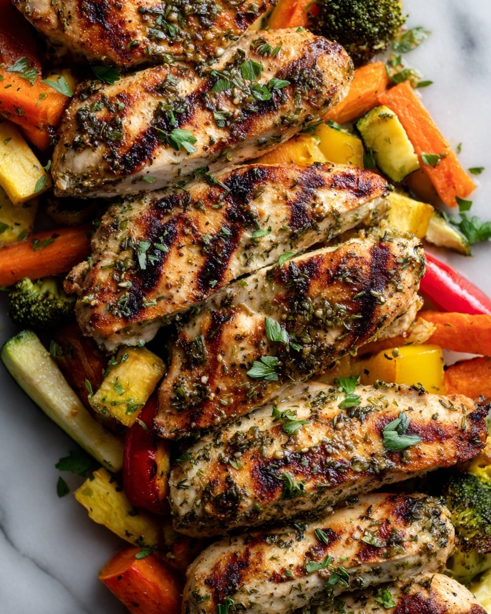 The dish shows several pieces of golden brown grilled chicken with herbs and char marks, each piece thick and juicy-looking. Below and around the chicken, there are layers of roasted vegetables: orange carrot chunks, bright yellow squash pieces, green broccoli florets, and some red bell pepper strips. The chicken and vegetables are sprinkled with small green parsley leaves, adding a fresh touch. All the food is tightly packed and looks warm and flavorful on a white marbled surface. photo taken with an iphone --ar 4:5 --v 7