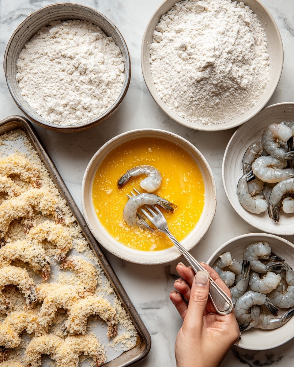 A scene showing the process of breading shrimp with five main parts: a woman's hand holds a fork dipping a shrimp covered with light batter into a bowl of beaten yellow eggs in the center. To the top is a bowl filled with white flour while on the right, raw shrimp with grey shells lie on a white plate. Below the egg bowl is another bowl filled with light beige breadcrumbs. On the bottom left, a tray has shrimp already coated in breadcrumbs. All items rest on a white marbled surface. Photo taken with an iphone --ar 4:5 --v 7