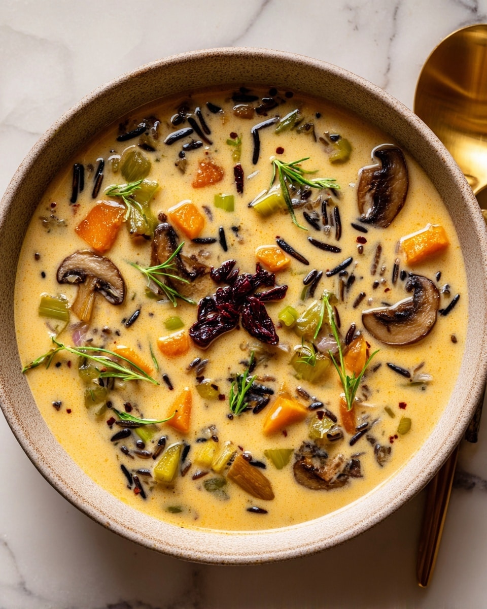 A bowl filled with creamy wild rice soup showing a mix of dark black rice grains, small diced orange carrots, green celery pieces, and sliced brown mushrooms floating in a thick light beige broth. On top, there is a garnish of fresh green thyme sprigs and small red herb flakes centered, adding color contrast. The soup bowl is white and textured lightly, sitting on a white marbled surface next to a shiny golden spoon. The photo taken with an iphone --ar 4:5 --v 7