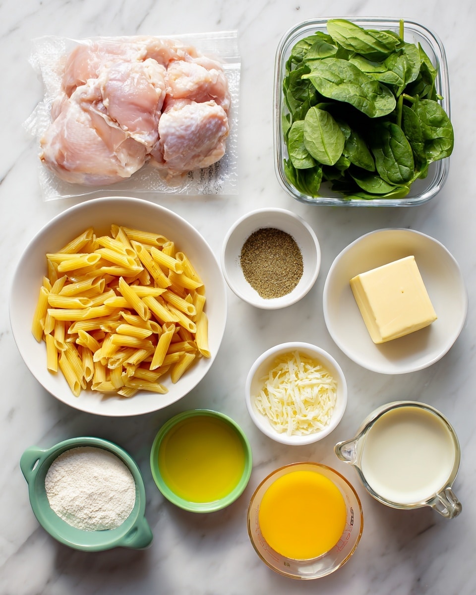 The image shows ingredients arranged on a white marbled surface. In the top left corner, there is a package of raw chicken with a light pink color, and next to it on the right is a clear plastic container of fresh green spinach leaves. Below the chicken is a white bowl filled with uncooked yellow penne pasta. To the right of the pasta are two small white bowls, one with greenish brown Italian seasoning and the other with pale yellow dijon mustard. Below these is a small white bowl of bright yellow olive oil. Moving down, a small green bowl holds a block of light yellow butter, next to it a yellow bowl contains minced pale garlic, and further right, a transparent measuring cup is filled with grated white parmesan cheese. A small orange bowl holds bright orange lemon juice. In the bottom left corner, a white plate contains white flour, and next to it is a glass measuring cup filled with creamy white heavy cream. Finally, to the right on the white marble surface, another transparent measuring cup contains light golden chicken broth. photo taken with an iphone --ar 4:5 --v 7