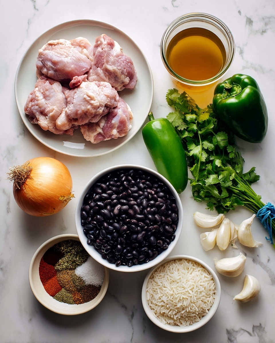 The image shows various ingredients for Mexican chicken and rice arranged neatly on a white marbled surface. On the left, there is a white plate filled with raw chicken thighs, pink and plump. Below that, a whole onion with its golden-brown skin and roots is placed. In the center, a white bowl is filled with shiny black beans, and next to it on the right, a bunch of fresh green cilantro leaves with a blue tie around the stems. Above the cilantro, a bright green bell pepper and a darker green jalapeno lie side by side. A glass jar filled with a golden-brown broth is placed near the top right corner. Below the broth, several cloves of white garlic are spread out. To the bottom right, a white bowl holds uncooked white rice. Finally, on the bottom left, a shallow round dish holds a mix of colorful spices, including red, brown, and green shades, along with a small section of white salt. photo taken with an iphone --ar 4:5 --v 7