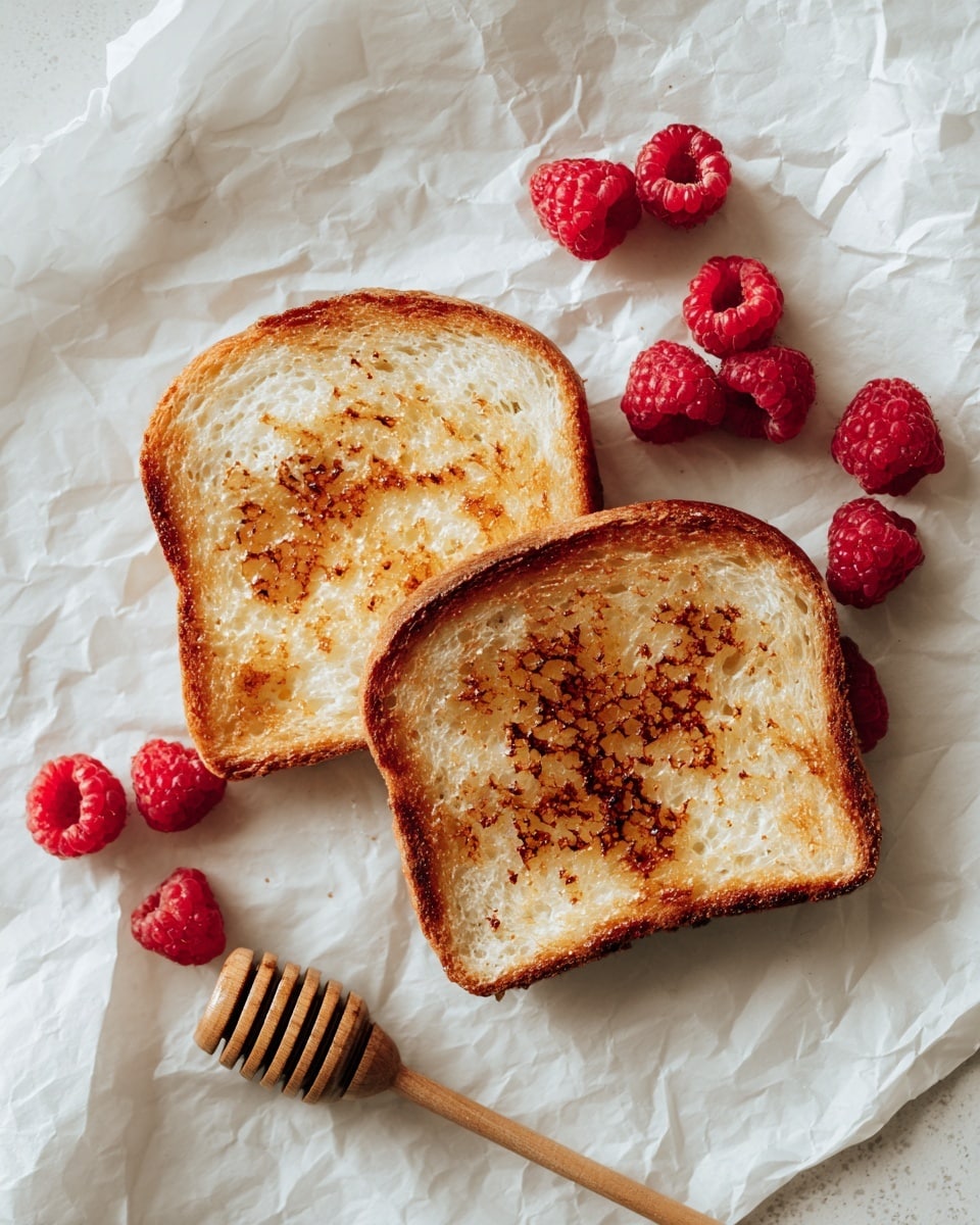 Two slices of toasted bread with golden brown spots are placed side by side on crumpled white parchment paper. To the upper right of the toast, there are six fresh red raspberries scattered lightly on a white marbled surface. At the top, a wooden citrus reamer rests diagonally. At the bottom, a wooden honey dipper lies horizontally, completing the simple and natural setup. photo taken with an iphone --ar 4:5 --v 7