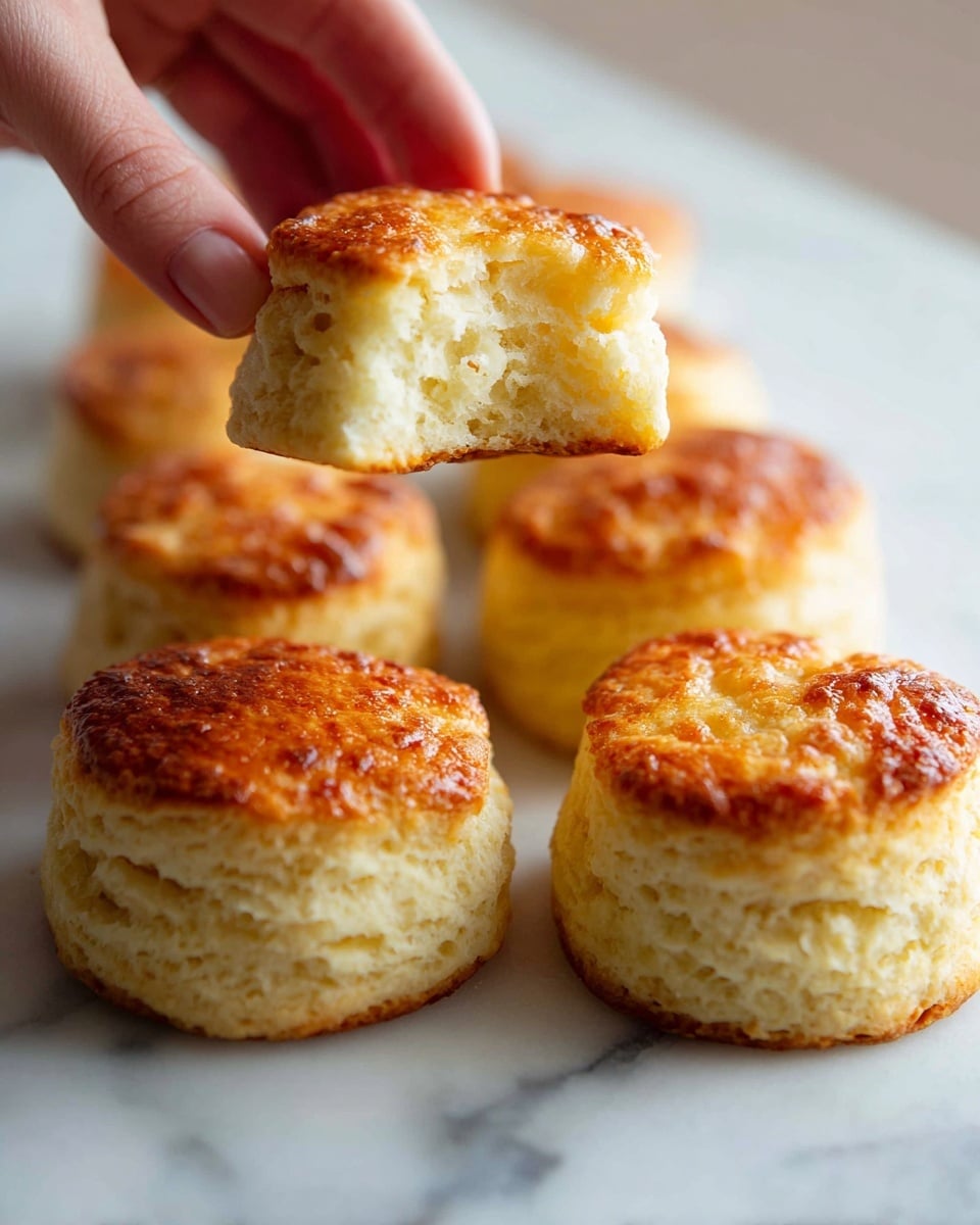 The image shows six golden brown biscuits on a white marbled surface. One biscuit is on top of another, clearly showing its soft, fluffy inside with a rough texture. The biscuits have a slightly shiny, crispy crust that looks light and flaky. The round biscuits are close together and have a warm, appetizing color. photo taken with an iphone --ar 4:5 --v 7