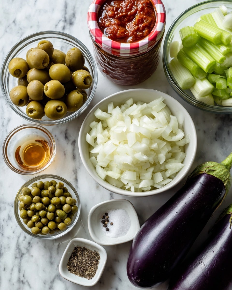 The image shows a collection of fresh ingredients arranged on a white marbled surface. There are two dark purple eggplants with green tops on the right side. Next to them is a white bowl filled with chopped white onion pieces. To the left, there is a small glass bowl holding light green celery slices, and behind it a larger glass bowl filled with pitted green olives. Above the celery bowl is a jar with a red and white checkered lid, filled with a red chunky sauce. Two small glasses contain liquids, one golden and one dark. In front, a small glass bowl holds round green capers, and beside it is a small square white dish with salt and ground pepper. Photo taken with an iphone --ar 4:5 --v 7