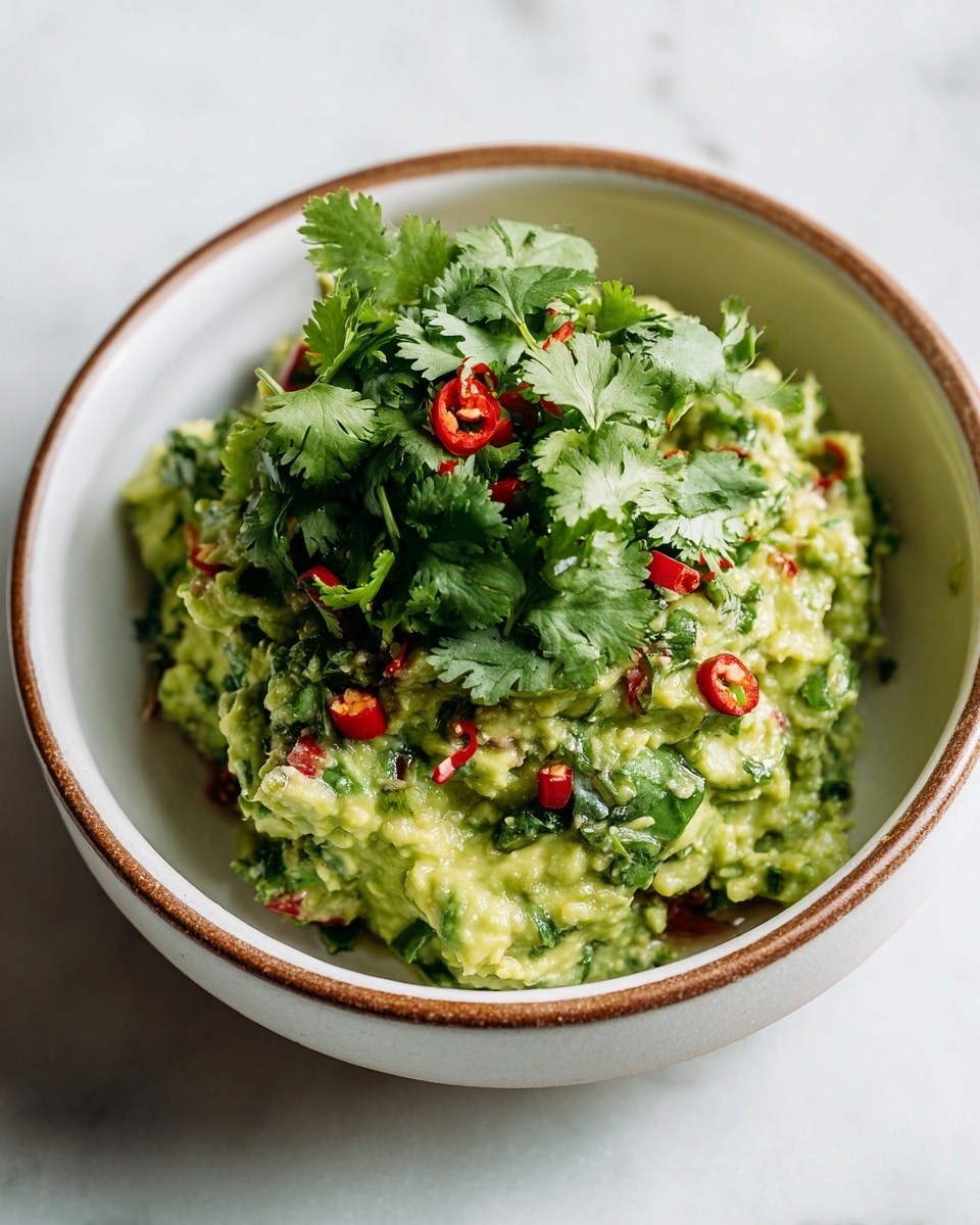 A bowl of guacamole sits on a white marbled surface, filled with a creamy green avocado base mixed with visible small chunks of light green avocado and herbs. On top, there are scattered bright red chili pieces and vibrant green cilantro leaves, giving the dish a fresh, colorful look. The bowl is ceramic with a speckled light gray inside and a brown rim. The ingredients appear fresh and slightly textured, showing different layers of mashed avocado, chopped chili, and herbs. photo taken with an iphone --ar 4:5 --v 7