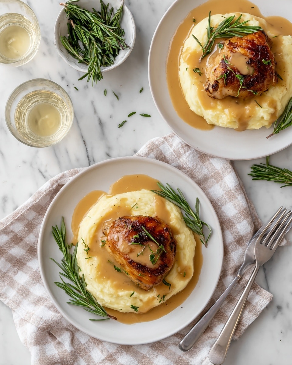 Two white plates are set on a white marbled surface with a light checkered cloth nearby. Each plate has one layer of creamy light yellow mashed potatoes spread on one side. On top of the potatoes, there are two browned pieces of roasted chicken with a slightly crispy texture. The chicken and potatoes are drizzled with a smooth, light brown gravy that pools slightly around the food. Fresh green rosemary sprigs are scattered on top and around the plates, adding a touch of color. A silver fork rests on each plate, and in the background, there is a small white bowl filled with rosemary and two clear glasses of light-colored liquid. photo taken with an iphone --ar 4:5 --v 7
