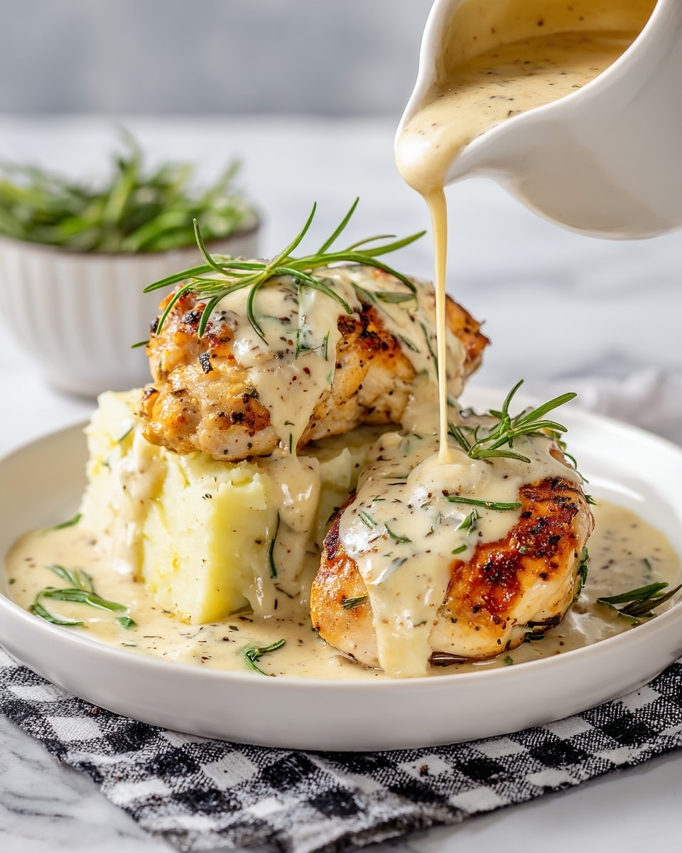 Two pieces of browned chicken sit on a white plate, surrounded by a creamy light yellow sauce being poured over the top, creating a smooth texture. To the left of the chicken is a stack of mashed potatoes with light, fluffy layers, also covered in the sauce. Small green rosemary sprigs are scattered on top of the chicken and potatoes, adding a pop of color. The plate rests on a white marbled surface with a checkered cloth underneath. Photo taken with an iphone --ar 4:5 --v 7
