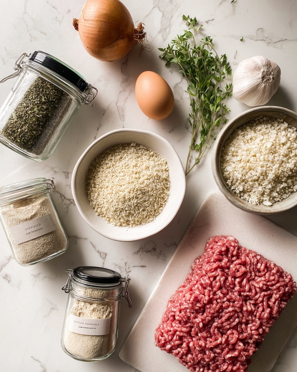 The image shows ingredients on a white marbled surface with a package of raw ground beef placed at the bottom right. Above and around it, there are two brown eggs, one small onion, two glass jars with black lids—one filled with green herbs and the other with garlic powder. Next to these, a white bowl is filled with fine, light beige breadcrumbs. Another jar with onion powder is placed on the bottom left side of the package. All items are neatly arranged with clear labels and natural colors visible. Photo taken with an iphone --ar 4:5 --v 7