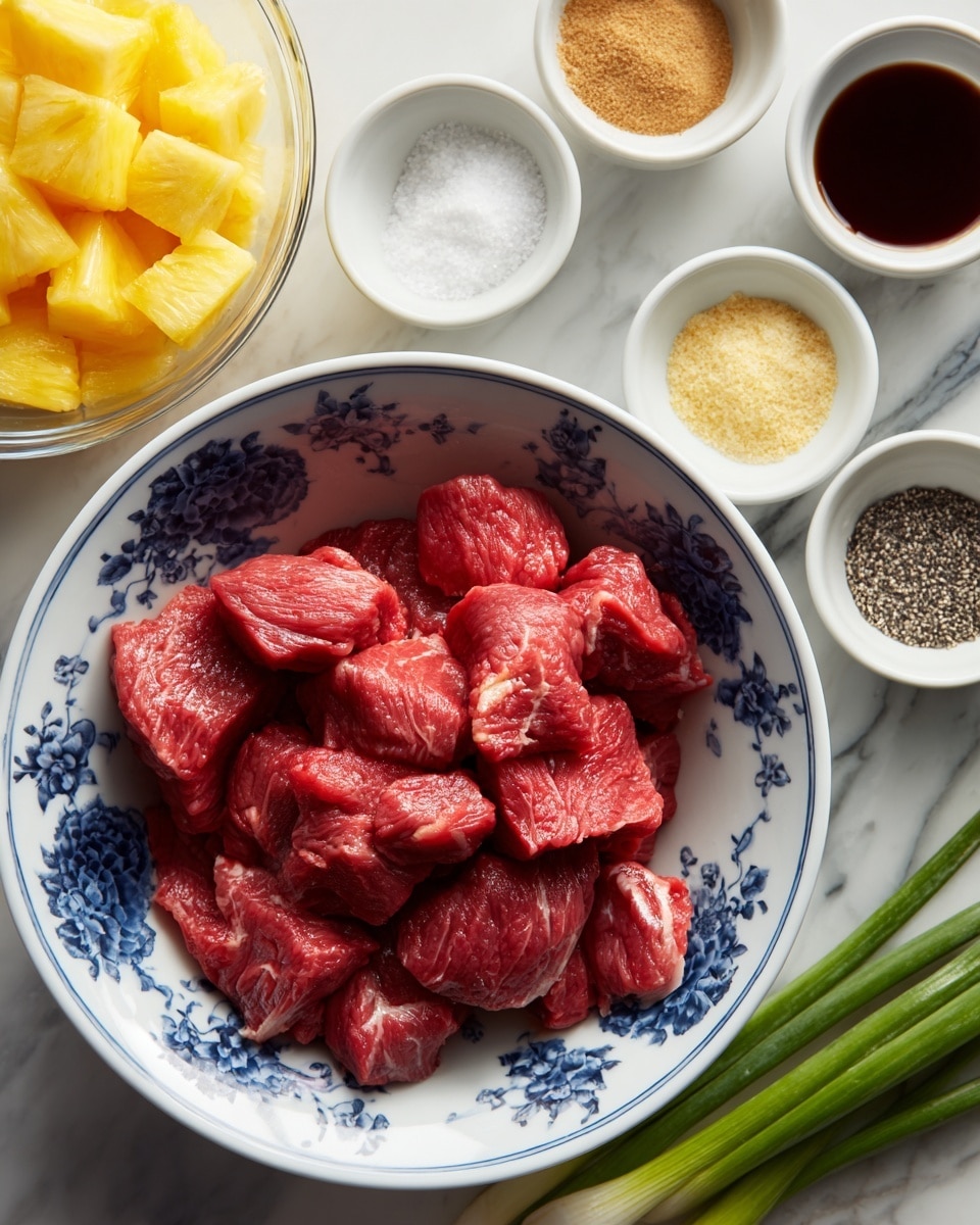 A white bowl with blue floral patterns is filled with bright red raw beef chunks that show white fat veins in them, placed on a white marbled surface. Around it, there are six small white bowls holding different ingredients: a light brown powder, a white powder, minced garlic or ginger in a yellowish color, a mix of black pepper and salt, and two dark sauces. A glass measuring cup with juicy yellow pineapple chunks is located to the top left, and three green onions are placed to the right side of the main bowl. photo taken with an iphone --ar 4:5 --v 7