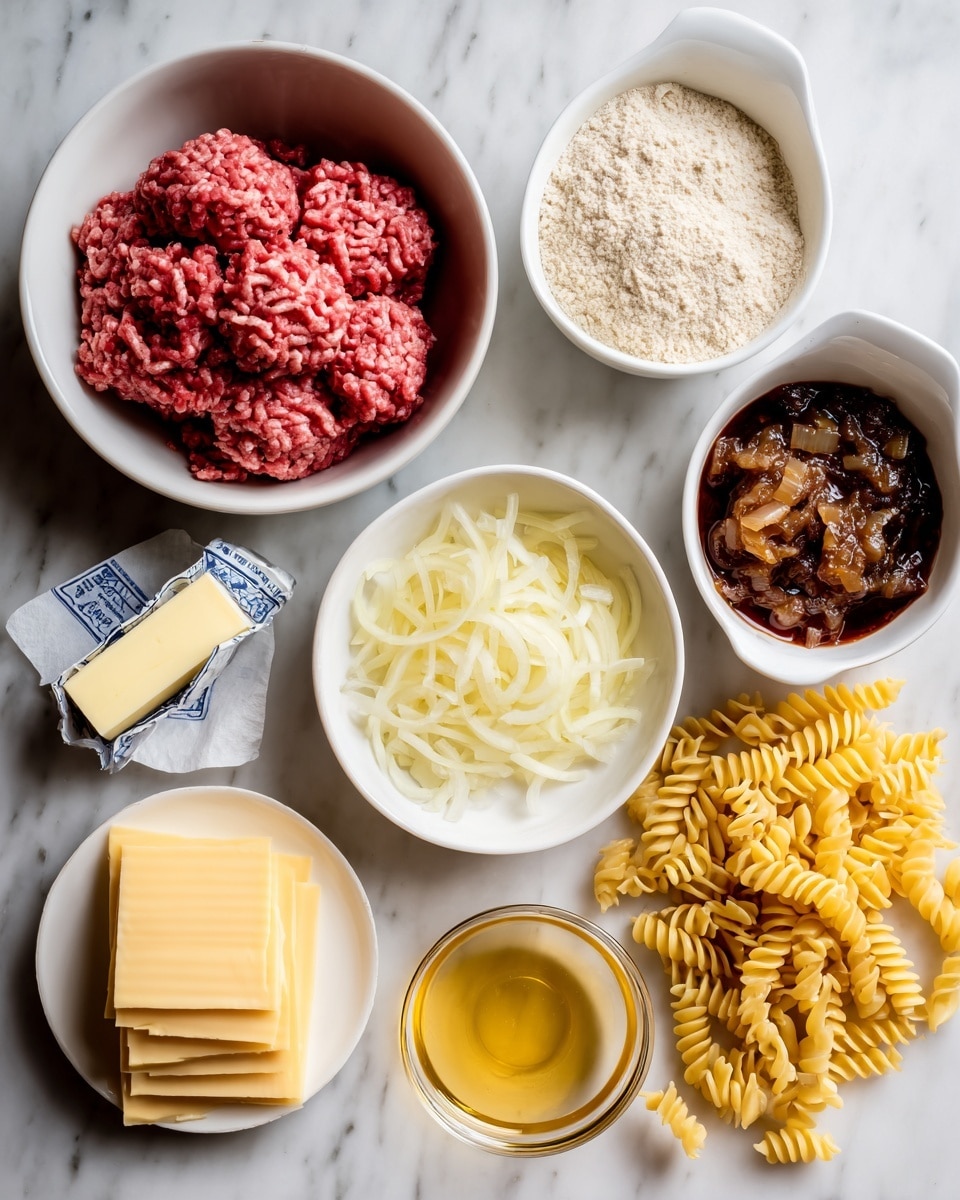 The image shows several ingredients neatly arranged on a white marbled surface. At the top center, there is a white bowl filled with raw red ground meat. Below it are two smaller white bowls with light brown flour mixture on the left and a dark brown sauce with visible onion pieces on the right. Near the center, there is a white bowl with thin, yellow fried onions, and a small white dish holding a pale yellow powder on the left. A stick of unsalted butter wrapped in blue and white paper is placed near the bottom left, next to a stack of four slices of pale yellow cheese. To the right, there is a small white dish filled with a dark reddish-brown liquid, and below it, a clear glass bowl holding a golden yellow liquid. At the bottom right, there is a loose pile of yellow uncooked spiral pasta. Photo taken with an iphone --ar 4:5 --v 7