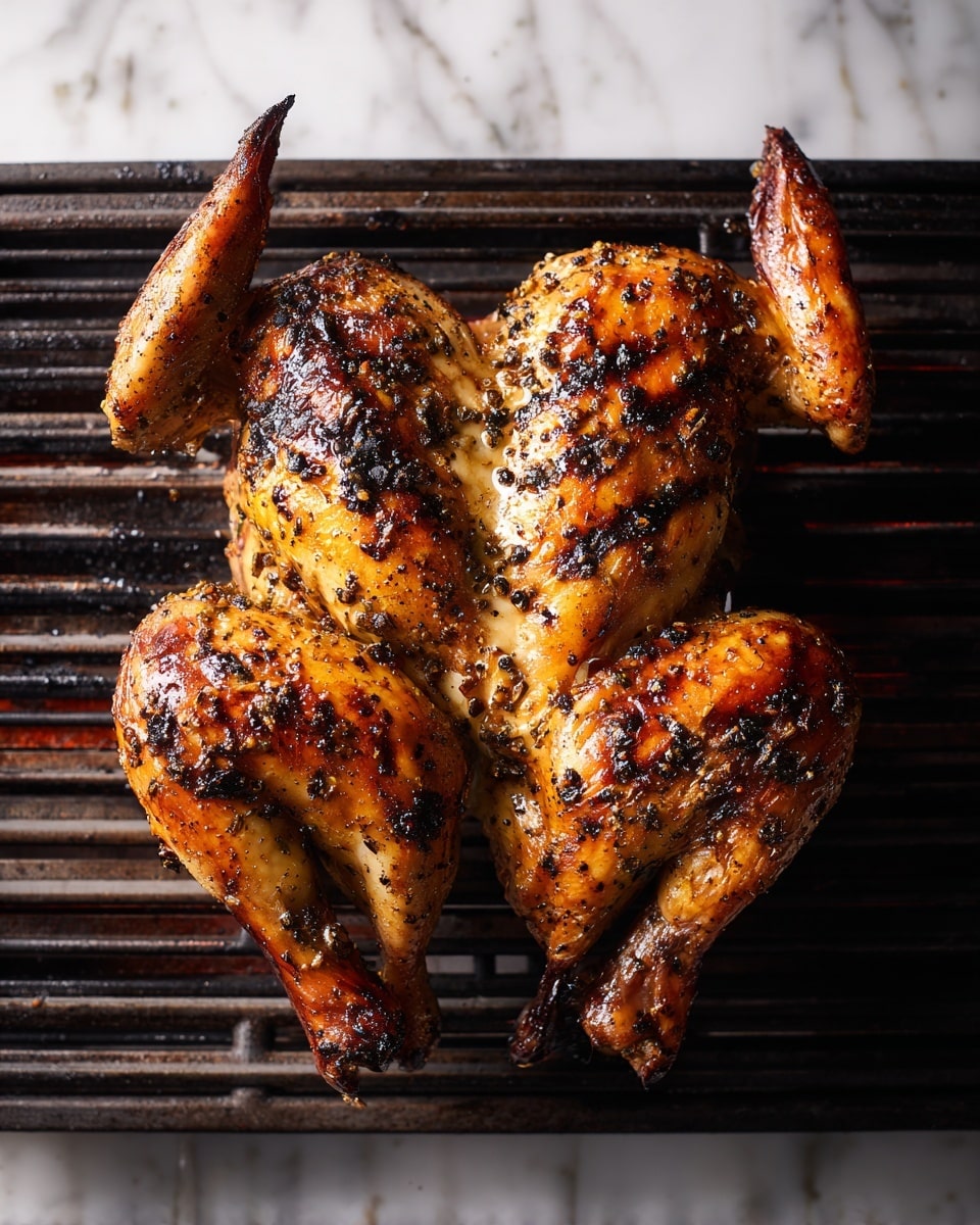 A whole spatchcocked chicken is placed on a grill with dark grates beneath it. The chicken is spread flat with the skin side up, showing a golden brown color with specks of black pepper and seasoning scattered evenly across the surface. The wings are extended out to the sides, and the legs are splayed apart. The grill bars create faint grill marks on the chicken's skin. The background shows a white marbled surface around the grill area. photo taken with an iphone --ar 4:5 --v 7