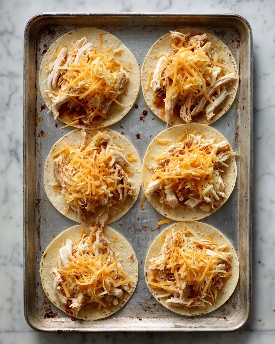 Six small soft corn tortillas lie flat on a silver baking tray with slight stains. Each tortilla has a middle layer of shredded brown cooked chicken, topped with a mix of pale yellow and orange shredded cheese. The food looks ready to be baked or warmed. The tray rests on a white marbled surface. photo taken with an iphone --ar 4:5 --v 7