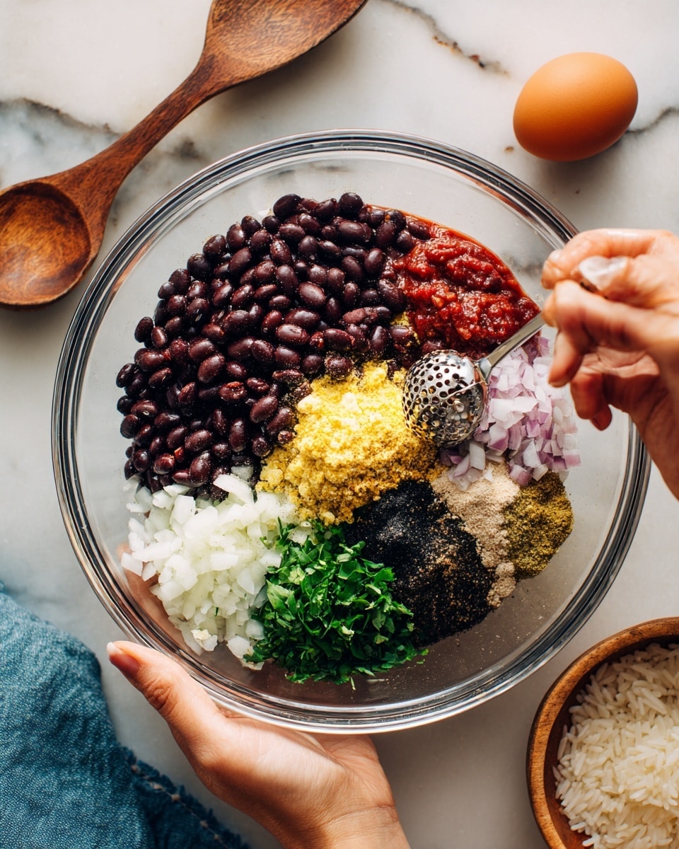 A clear round glass bowl is filled with separate piles of black beans, red sauce, finely chopped white onions, minced garlic, yellow spice powder, black pepper, and salt. A woman's hand holds the bowl steady, while another woman's hand holds a small potato masher pressing down on the beans. The bowl sits on a white marbled surface next to a wooden spoon, a blue cloth, a brown egg, and a white bowl filled with rice. photo taken with an iphone --ar 4:5 --v 7