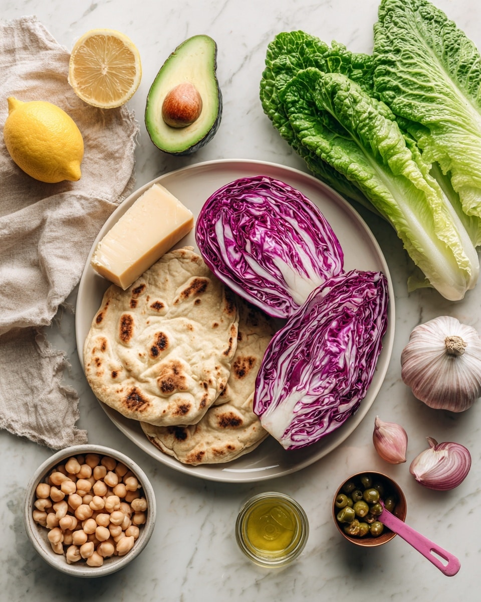 A flat white plate on a white marbled surface holds a layer of light tan flatbreads, topped with two large, vibrant purple radicchio leaves on the right side. To the left on the plate, there is a bunch of bright green romaine lettuce leaves, next to a halved avocado showing smooth green flesh with one seed still inside the top half and the empty lower half beside it. Near the plate, on the marbled surface, there is a medium-sized wedge of pale yellow hard cheese at the top left, a whole yellow lemon and a halved lemon with the cut side up nearby. A small copper measuring cup filled with light brown cashews sits below the lemon, and a small clear glass bowl of dark green capers is next to a jar of yellow mustard with a pink spoon inside it. There are two whole garlic cloves and a halved red onion with white inside above the radicchio. Above everything, there is a rust-colored bowl filled with pale beige chickpeas. The whole scene is lit with soft natural light and neatly arranged, photo taken with an iphone --ar 4:5 --v 7