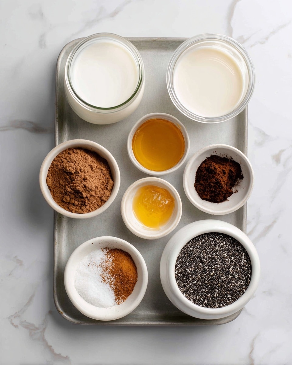 A metal baking tray holds seven small white bowls and jars arranged neatly. In the top left is a glass jar filled with white coconut milk, next to it on the right is a small white bowl with amber vanilla liquid. Below coconut milk is a small white bowl filled with golden honey. To the right of honey is a glass bowl with dark brown cocoa powder. Next to it is a small white bowl with a mix of cinnamon and white salt powder. Above this bowl is a glass jar filled with creamy white milk. At the bottom right corner is a white bowl full of black and white chia seeds. All are placed on a white marbled surface photo taken with an iphone --ar 4:5 --v 7
