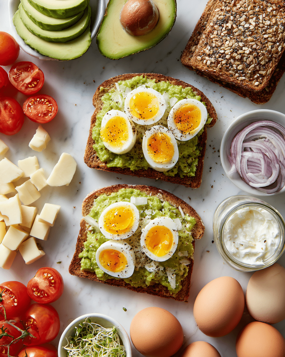 The image shows two slices of whole grain toast in the center, each topped with a layer of mashed avocado that is green and textured, and four halved boiled eggs with bright yellow yolks and white edges sprinkled with black pepper positioned evenly on the avocado. Above and slightly left is half an avocado with its seed inside and a piece of multigrain bread with seeds on top. To the left are thin slices of avocado in a neat stack and small white chunks of cheese below. Below the toast on the left are halved cherry tomatoes with a shiny red color. To the right of the toast are three whole brown eggs, two white bowls with sliced red onions and quartered tomatoes, a small jar of white sauce, and a small pile of green sprouts. All items are arranged on a white marbled surface. Photo taken with an iphone --ar 4:5 --v 7