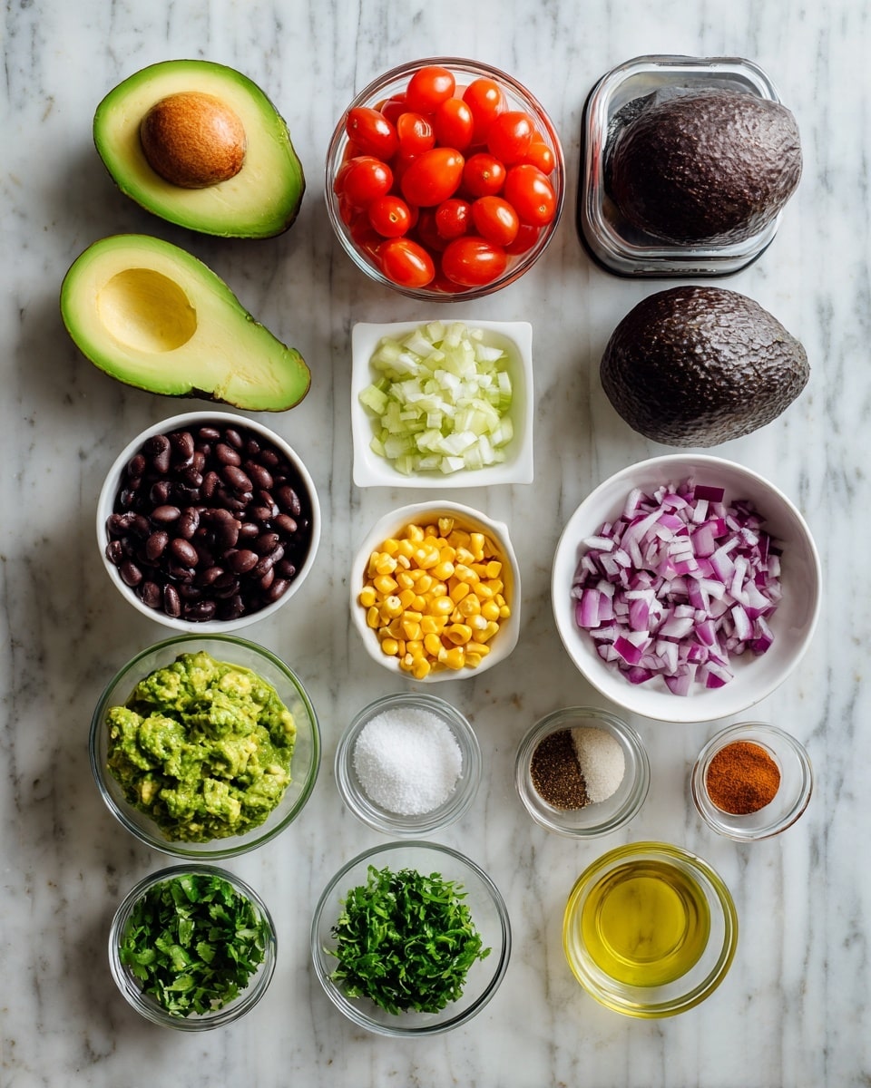 The image shows a collection of fresh and colorful ingredients arranged neatly on a white marbled surface. There are two halves of a green avocado next to a clear white container of small red cherry tomatoes and a whole dark brown avocado. Three open cans are shown, two filled with black beans and one with yellow corn. A small white bowl holds bright red chopped capsicum or bell peppers. A larger white bowl contains finely chopped purple onion. Small glass bowls hold various ingredients including light green squeezed lime juice, finely chopped green coriander or cilantro, clear olive oil, white sugar, garlic, and a mix of spices labeled chipotle, cumin, salt, and pepper. Each item is evenly spaced, creating a clean and vibrant display. photo taken with an iphone --ar 4:5 --v 7