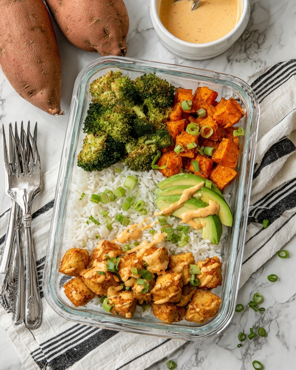 The image shows a clear rectangular container with three layers of food arranged neatly inside. The bottom layer is white rice, soft and fluffy. On top of the rice, there are three sections: bright green roasted broccoli florets filling the upper left, orange roasted sweet potato cubes in the center, and golden-brown cooked chicken cubes in the lower right, all drizzled lightly with a creamy, light orange sauce. A few slices of fresh green avocado sit over the chicken and sweet potatoes, while small pieces of green onion are sprinkled on top as garnish. The container is placed on a white marbled surface, next to a white bowl with more sauce and two whole sweet potatoes. A white cloth with black stripes and silver forks are nearby. Photo taken with an iphone --ar 4:5 --v 7