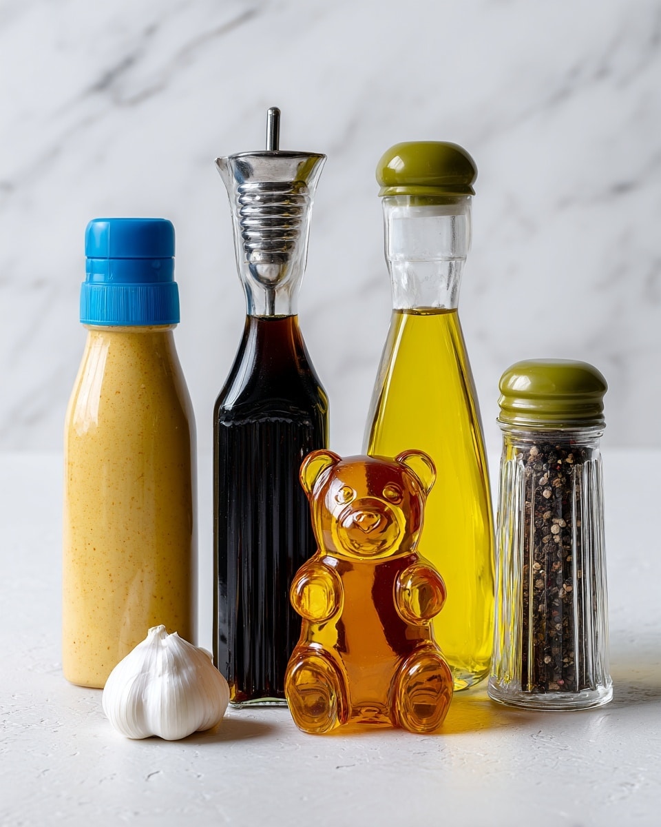 The image shows five items lined up on a white marbled surface against a white marbled background. From left to right, there is a beige mustard bottle with a blue cap, a glass bottle filled with yellow oil and a metal pour spout, a dark glass bottle of balsamic vinegar with a black cap, a clear bear-shaped honey bottle filled with amber honey and a green cap, and a small clear pepper grinder with black pepper inside. In front of the bottles, slightly to the left, there is a single white garlic clove. The photo taken with an iphone --ar 4:5 --v 7