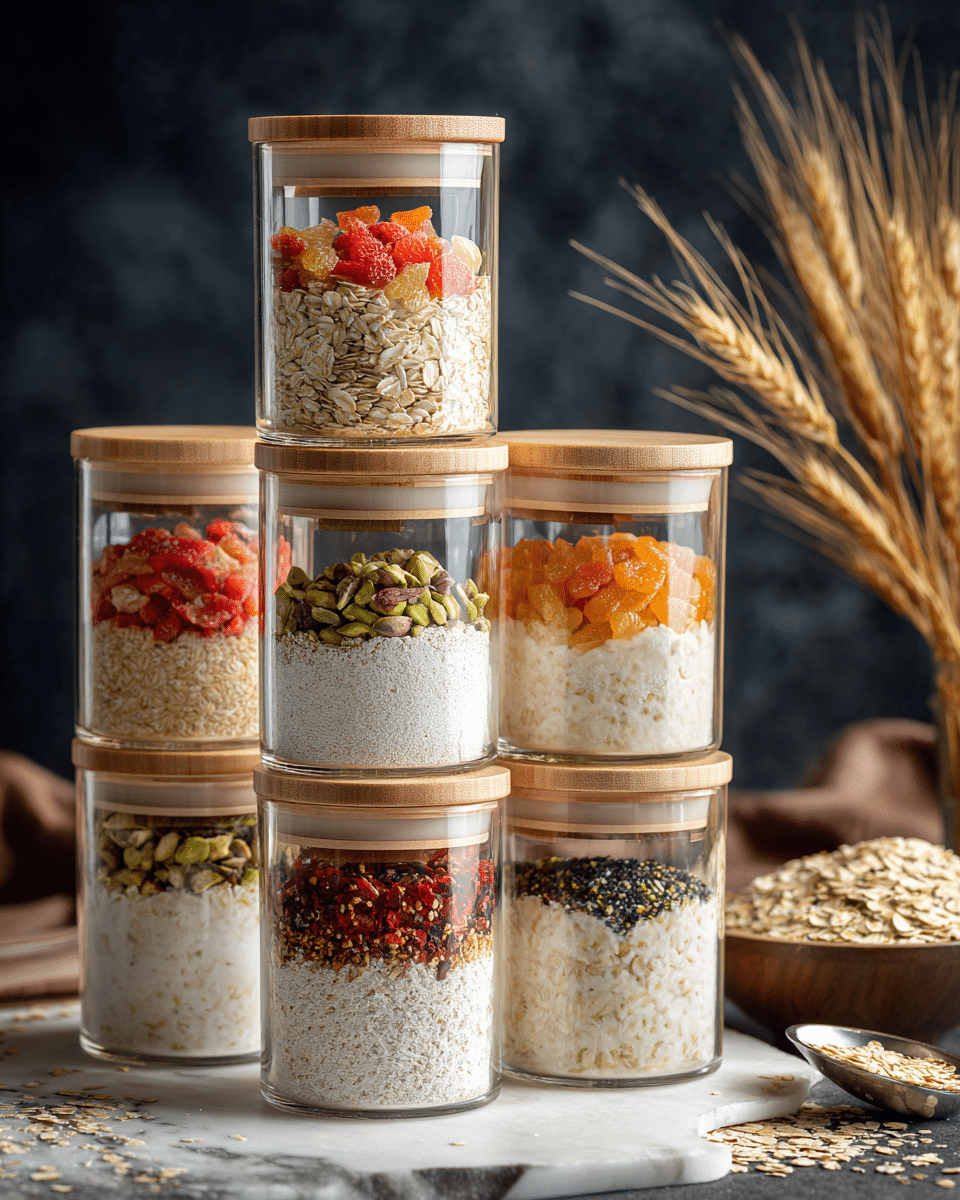The image shows a stack of clear glass jars with dark wooden lids, each jar filled with layers of dry ingredients. Every jar has a bottom layer of pale oatmeal, a middle layer of white powder, and a top layer made up of various dried fruits and nuts in different colors and textures, including red pieces, green pistachios, and orange chunks. The jars are stacked in a pyramid shape against a black background with beige dried grass on the right side, all placed on a white marbled surface. A bowl of oatmeal and two spoons are partly visible in the bottom right corner. photo taken with an iphone --ar 4:5 --v 7