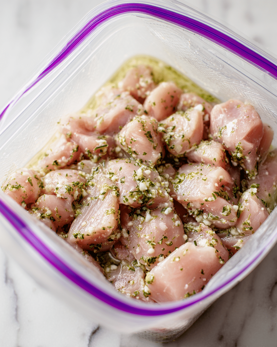A clear plastic zipper bag lying flat on a white marbled surface, filled with raw light pink chicken pieces coated in a mix of finely chopped garlic and green herbs, with a bit of shiny marinade liquid visible through the bag. The chicken pieces are layered one on top of the other inside the bag, with some air pockets giving a soft texture to the bag. The top part of the bag shows the purple and blue zipper seal clearly. Photo taken with an iphone --ar 4:5 --v 7