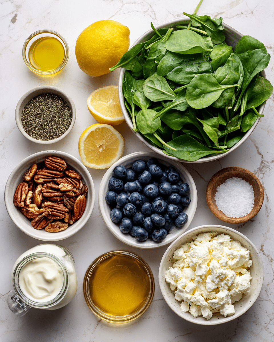 The image shows various ingredients arranged in white bowls on a white marbled surface. There is a large bowl filled with fresh baby arugula leaves, and another large bowl contains fresh baby spinach leaves. Beside them are smaller bowls holding plump blueberries, toasted pecans, and poppy seeds. A small bowl of bright golden olive oil is placed near a whole yellow lemon. There is a small container with creamy Greek yogurt and a bowl filled with crumbly white feta cheese. A glass jar of salt stands next to the ingredients, and a small white bowl holds honey with a smooth, shiny golden surface. Everything is neatly placed and clearly labeled. photo taken with an iphone --ar 4:5 --v 7